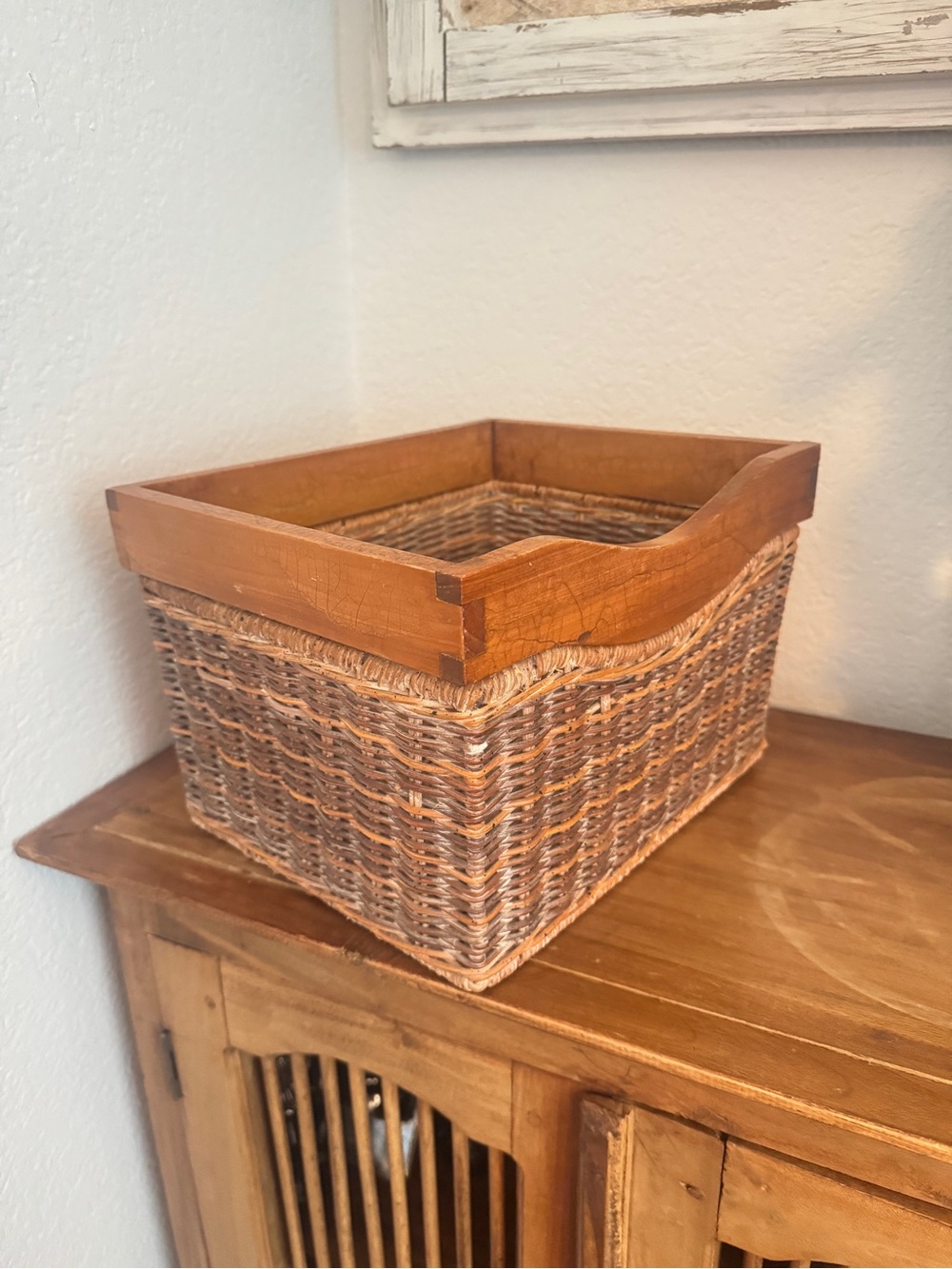 Rustic Woven Basket with Wooden Frame 11"x9"x7.5" Vintage Charm for Home - Picture 6 of 14